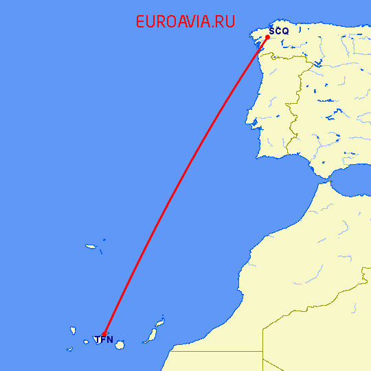 перелет Сантьяго де Компостела — Тенерифе на карте