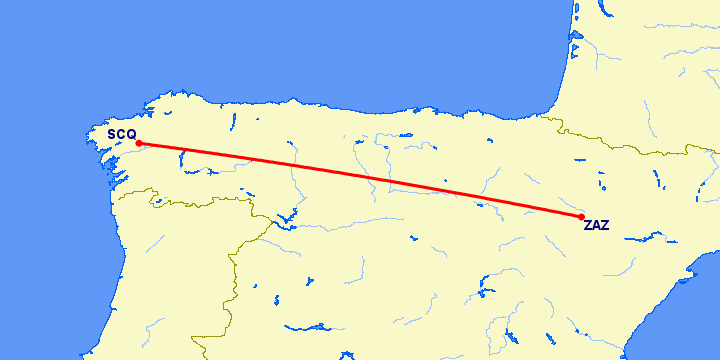 перелет Сантьяго де Компостела — Сарагоса на карте