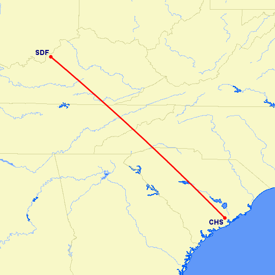 перелет Луисвилл — Чарльстон на карте