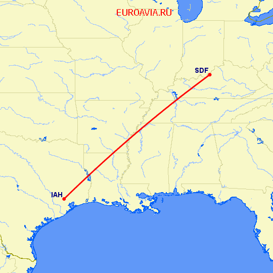 перелет Луисвилл — Хьюстон на карте
