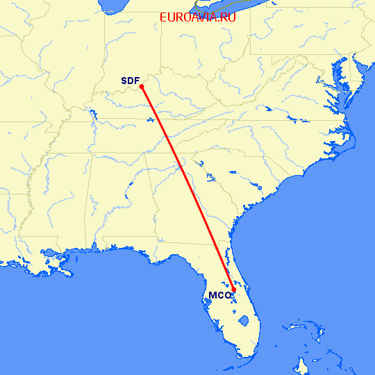 перелет Луисвилл — Орландо на карте