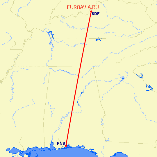 перелет Луисвилл — Pensacola на карте