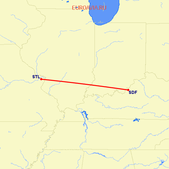перелет Луисвилл — Сент Луис на карте