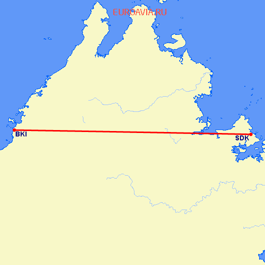 перелет Сандакан — Kota-Kinabalu на карте