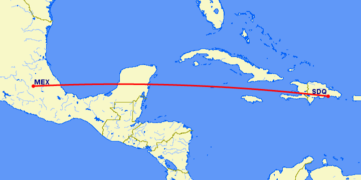 перелет Санто Доминго — Мексико Сити на карте
