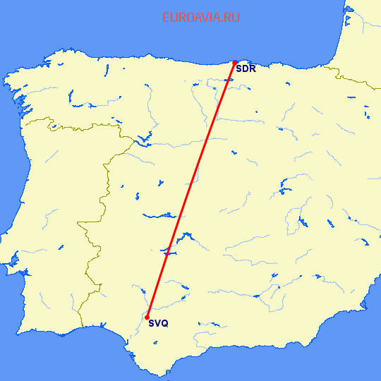 перелет Сантандер — Севилья на карте