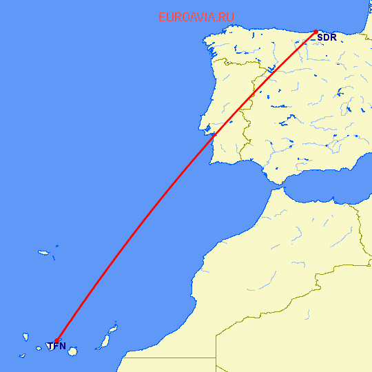 перелет Сантандер — Тенерифе на карте