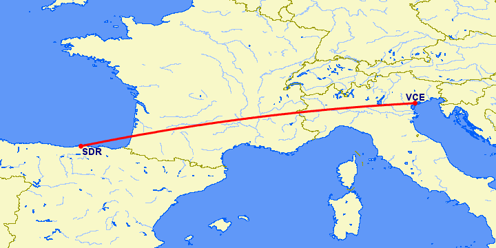 перелет Сантандер — Венеция на карте