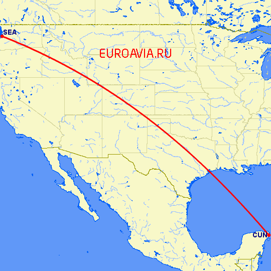 перелет Сиэтл — Канкун на карте