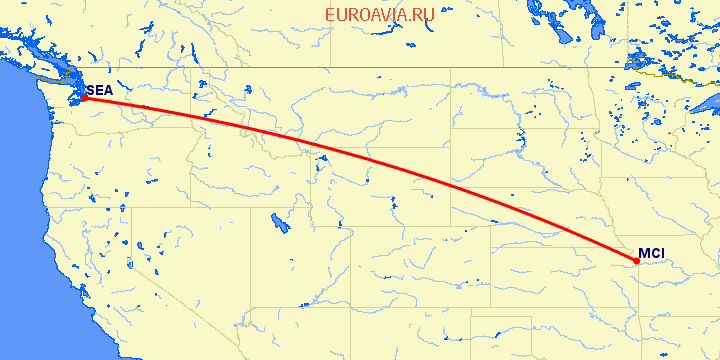 перелет Сиэтл — Канзас Сити на карте