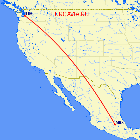 перелет Сиэтл — Мексико Сити на карте