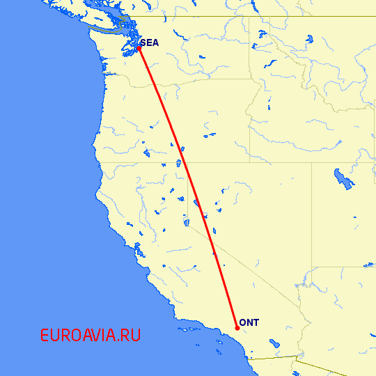 перелет Сиэтл — Онтарио на карте