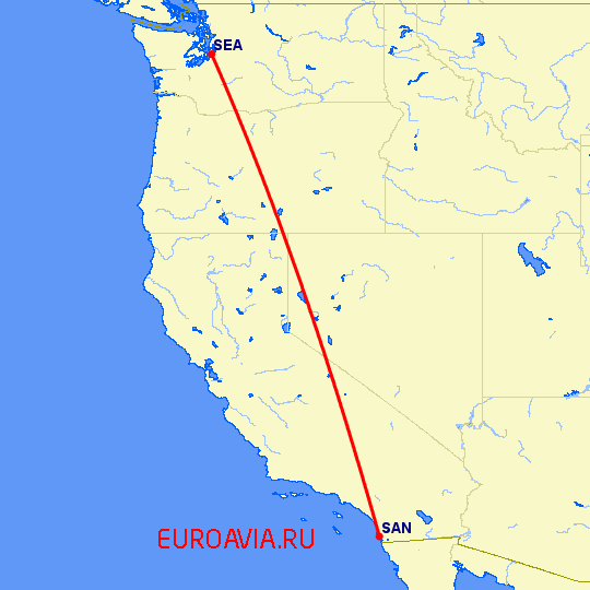 перелет Сиэтл — Сан Диего на карте
