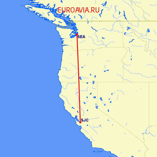 перелет Сиэтл — Сан Хосе на карте