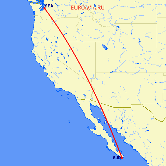 перелет Сиэтл — San Jose Del Cabo на карте