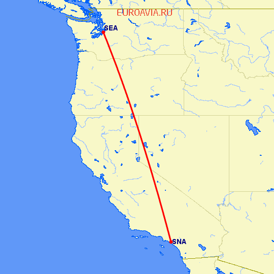 перелет Сиэтл — Санта Ана на карте