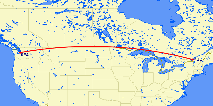 перелет Сиэтл — Монреаль на карте