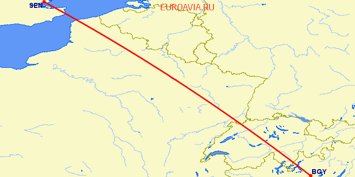 перелет Southend — Бергамо на карте
