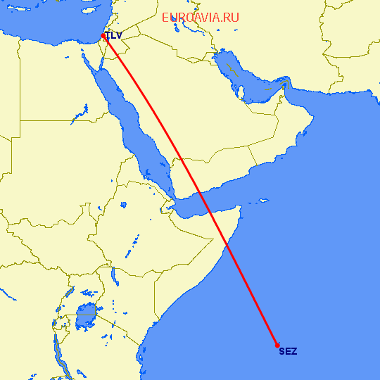 перелет Остров Махе — Тель Авив на карте