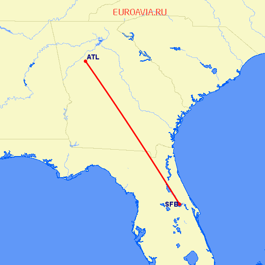 перелет Sanford — Атланта на карте