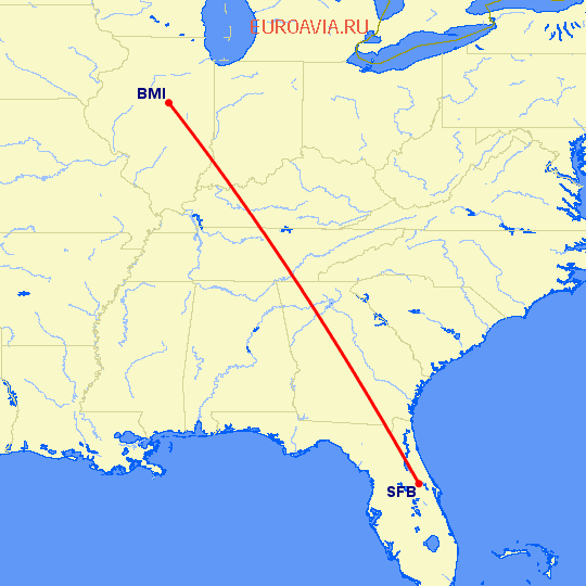 перелет Sanford — Bloomington-Normal на карте