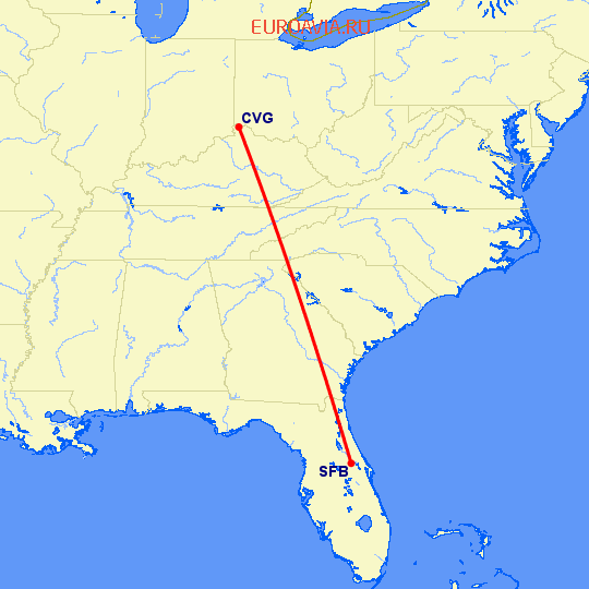 перелет Sanford — Кавингтон на карте