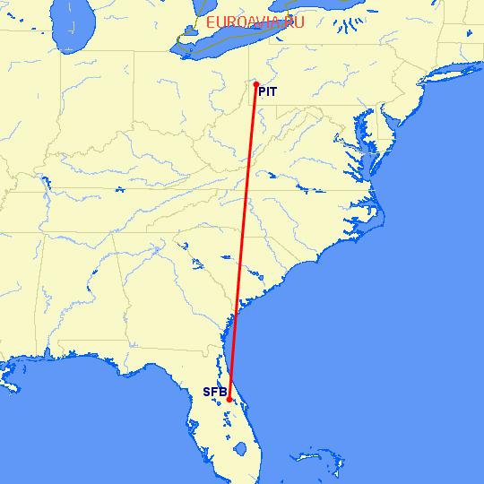перелет Sanford — Питтсбург на карте