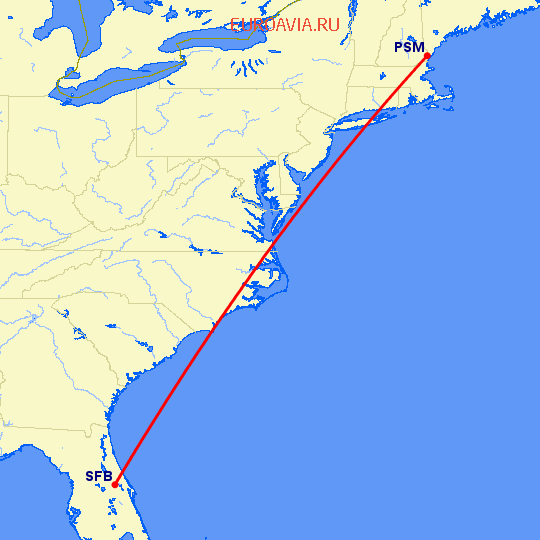 перелет Sanford — Бостон на карте