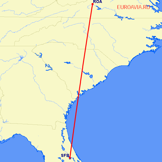 перелет Sanford — Roanoke на карте