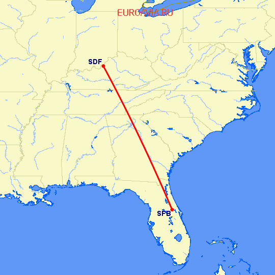перелет Sanford — Луисвилл на карте