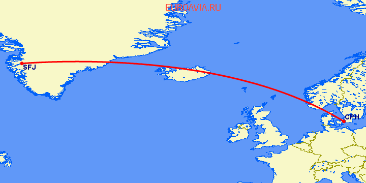 перелет Kangerlussuaq — Копенгаген на карте
