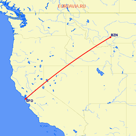 перелет Сан Франциско — Bozeman на карте