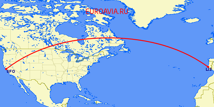 перелет Сан Франциско — Лиссабон на карте