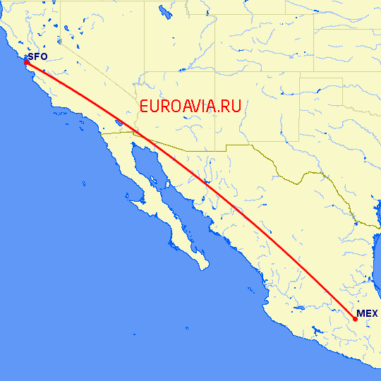 перелет Сан Франциско — Мексико Сити на карте