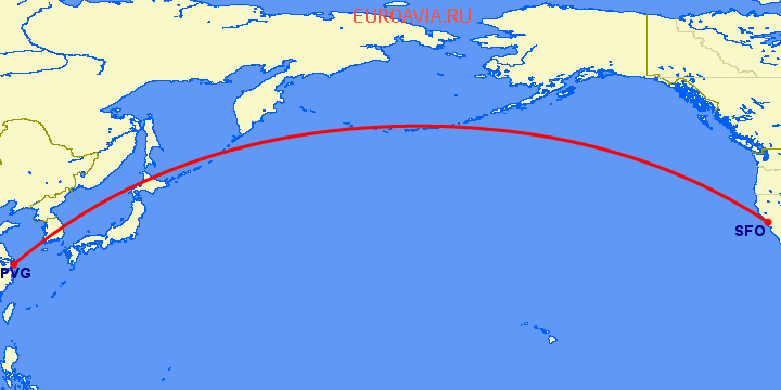 перелет Сан Франциско — Шанхай на карте