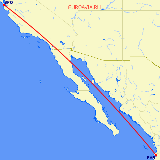 перелет Сан Франциско — Пуэрто Ваярта на карте