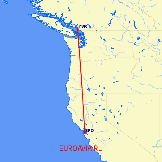 перелет Сан Франциско — Ванкувер на карте