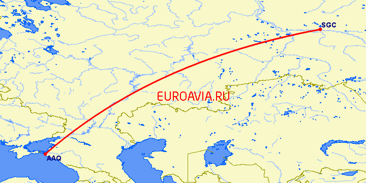 перелет Сургут — Анапа на карте