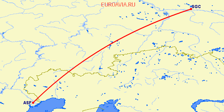 перелет Сургут — Астрахань на карте