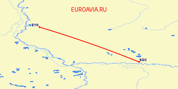 перелет Сургут — Белоярский на карте