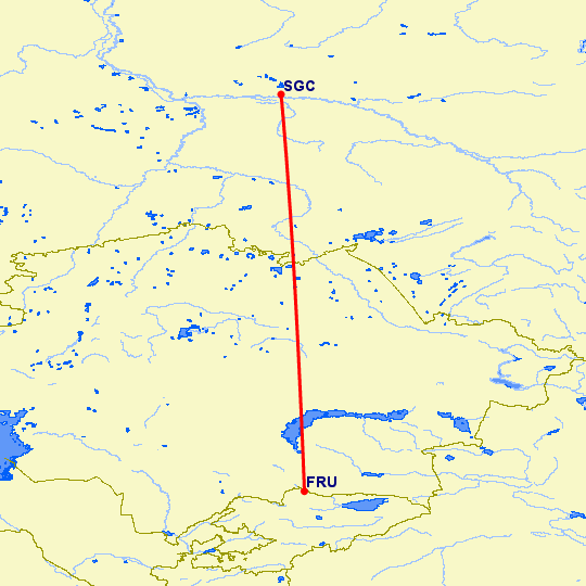 перелет Сургут — Бишкек на карте