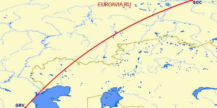 перелет Сургут — Грозный на карте