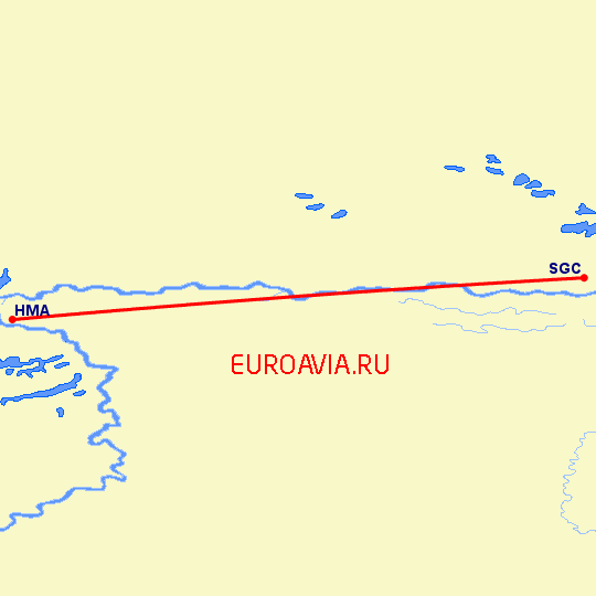 перелет Сургут — Ханты Мансийск на карте