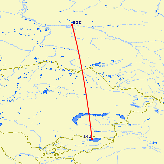 перелет Сургут — Иссык Куль на карте