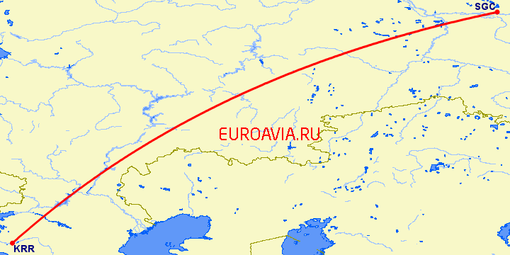 перелет Сургут — Краснодар на карте