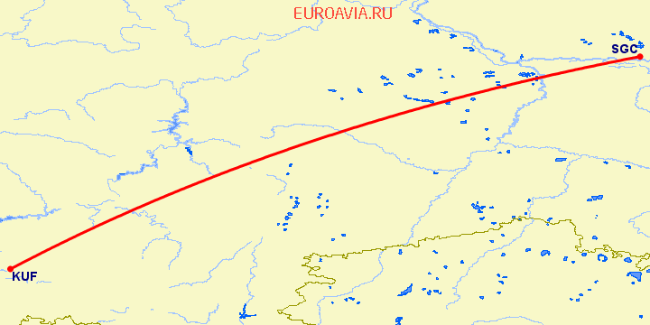 перелет Сургут — Самара на карте