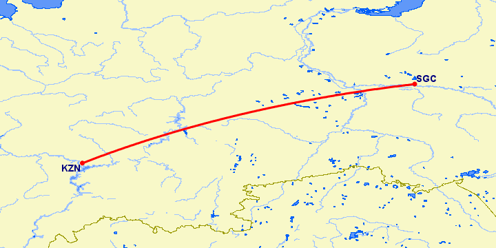 перелет Сургут — Казань на карте