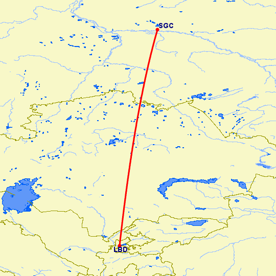 перелет Сургут — Худжанд на карте