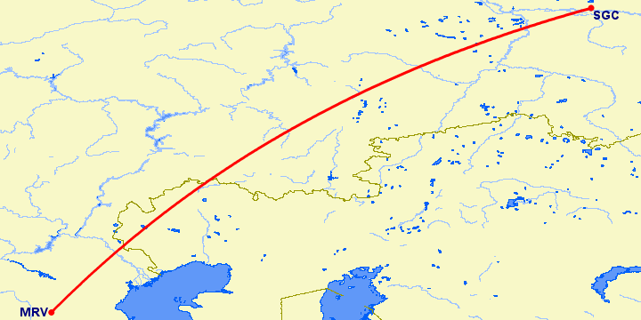 перелет Сургут — Минеральные Воды на карте