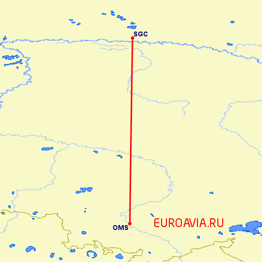 перелет Сургут — Омск на карте